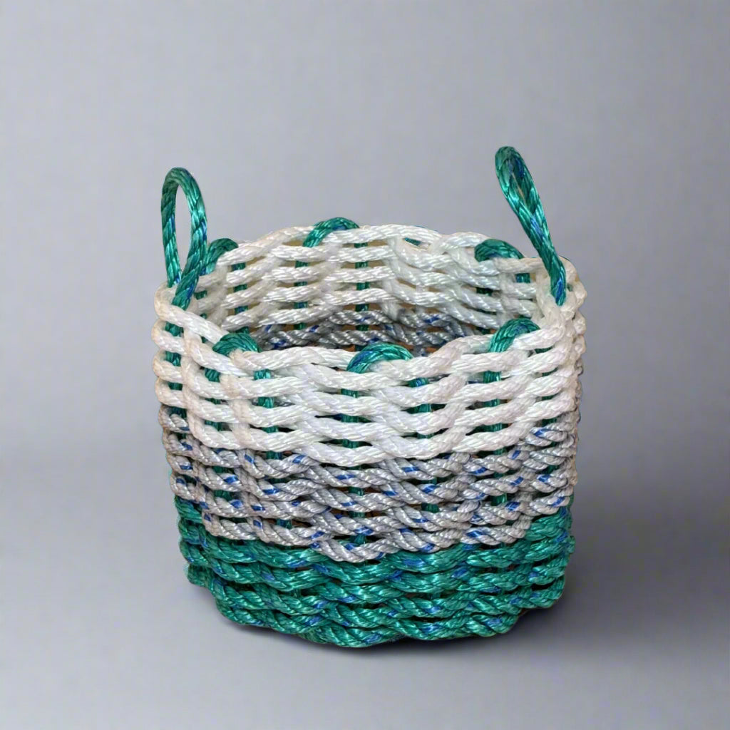 White, Gray & Green Lobster Rope Basket – Handwoven Coastal Storage Organizer