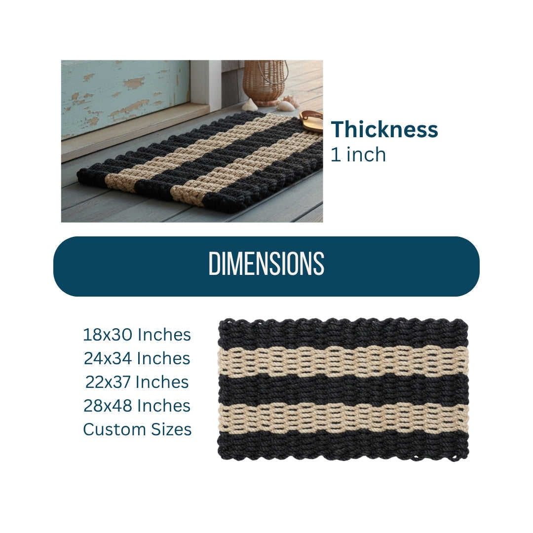 Black and beige striped doormat with dimensions and thickness information on a white background