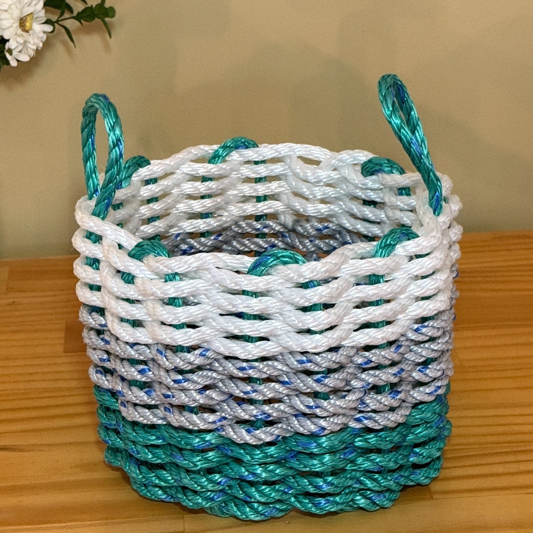 White, Gray & Green Lobster Rope Basket – Handwoven Coastal Storage Organizer