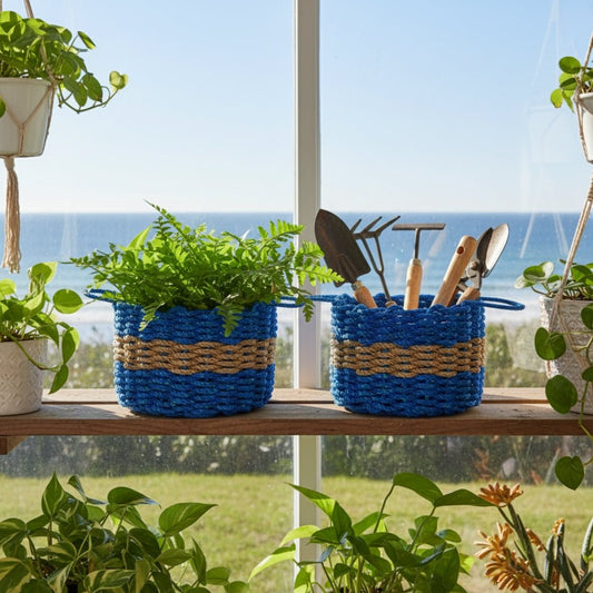Blue & Tan Handwoven Lobster Rope Basket – Coastal Outdoor Storage Bin - Lollis Loops