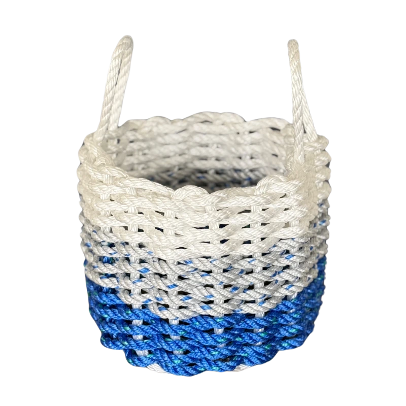 White, Gray & Blue Lobster Rope Basket – Handwoven Coastal Storage Organizer