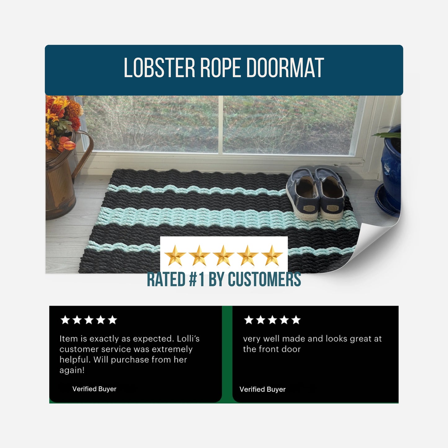 Captain's Rope Doormat - Black and Seafoam - Lollis Loops