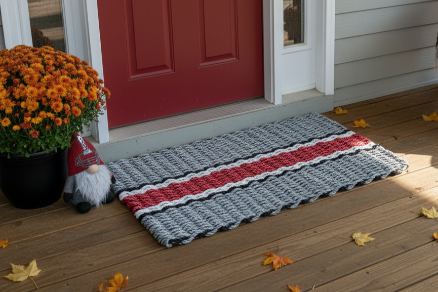 Doormat with red and gray pattern on a wooden porch with a red door and potted flowers.
