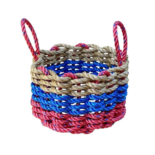 Red, Blue & Tan Lobster Rope Basket – Handwoven Coastal Storage Bin - Lollis Loops