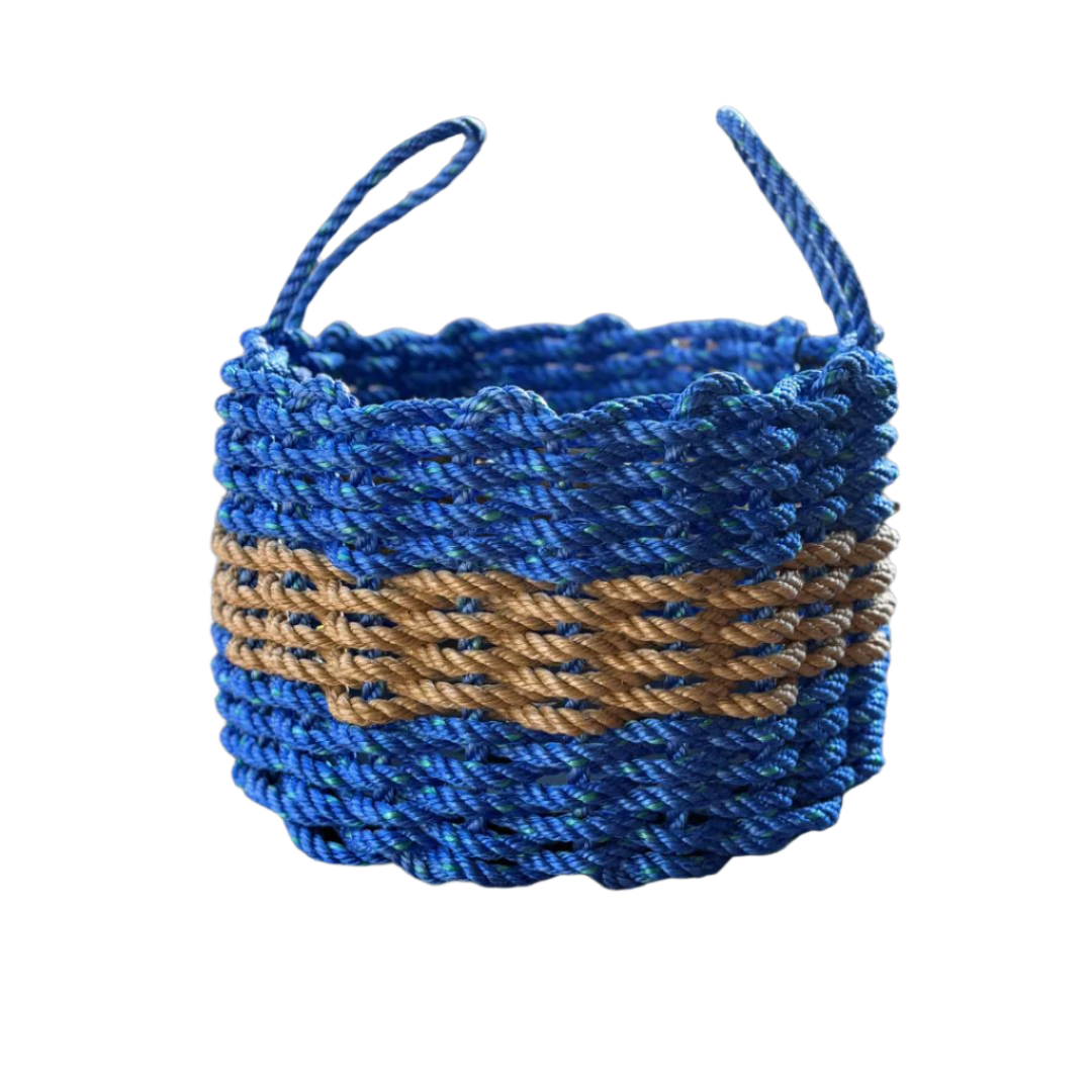 A handwoven lobster rope basket featuring blue and tan colors with gradient lines.