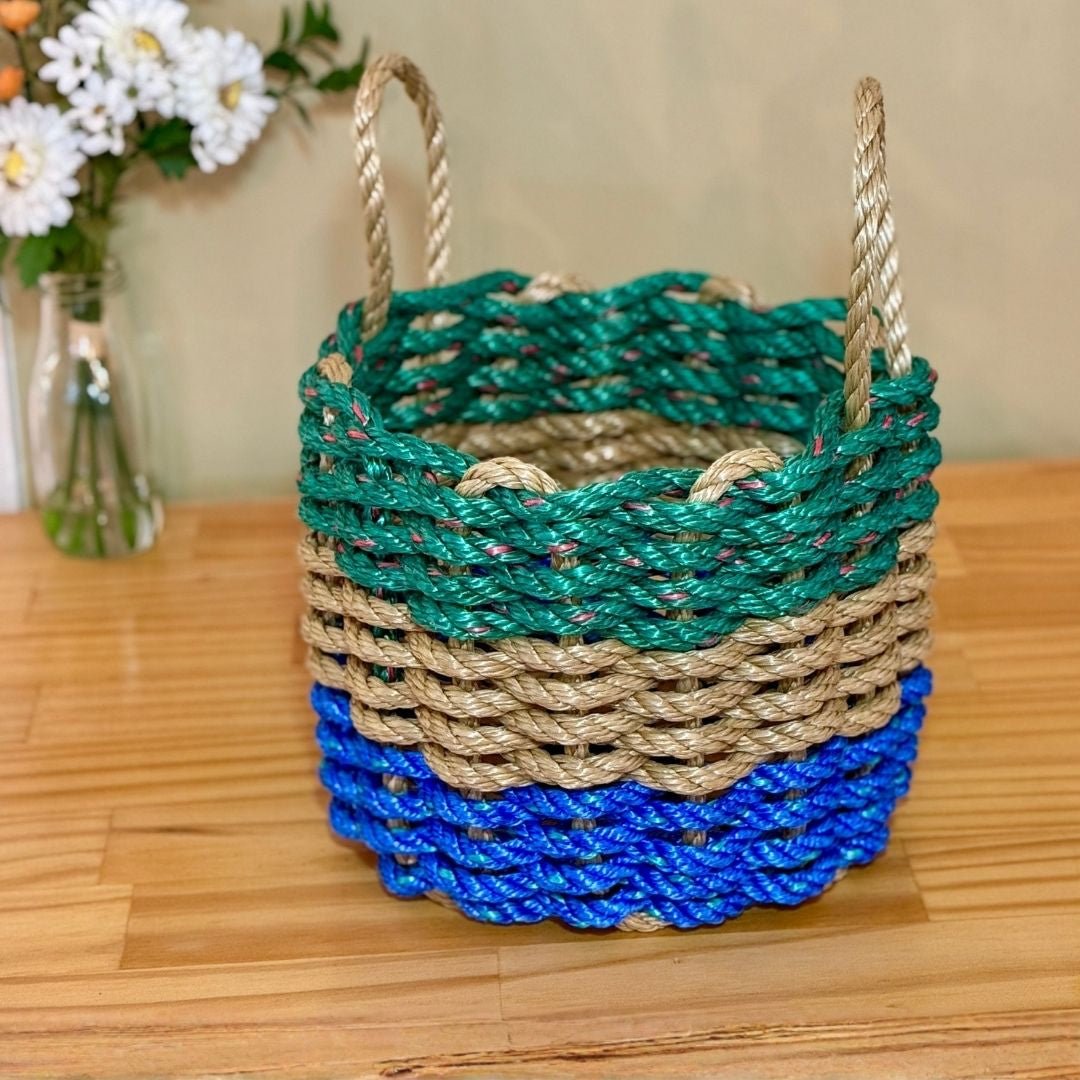 Green, Tan & Blue Lobster Rope Basket – Handwoven Coastal Storage Organizer - Lollis Loops