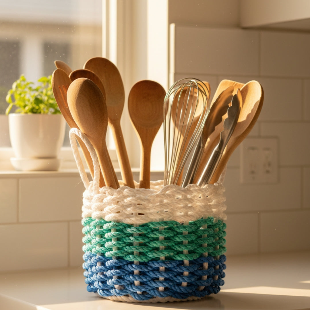 Kitchen utensils in a colorful woven basket on a kitchen counter