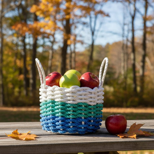 Blue, Teal & White Lobster Rope Basket – Handwoven Coastal Storage Organizer - Lollis Loops
