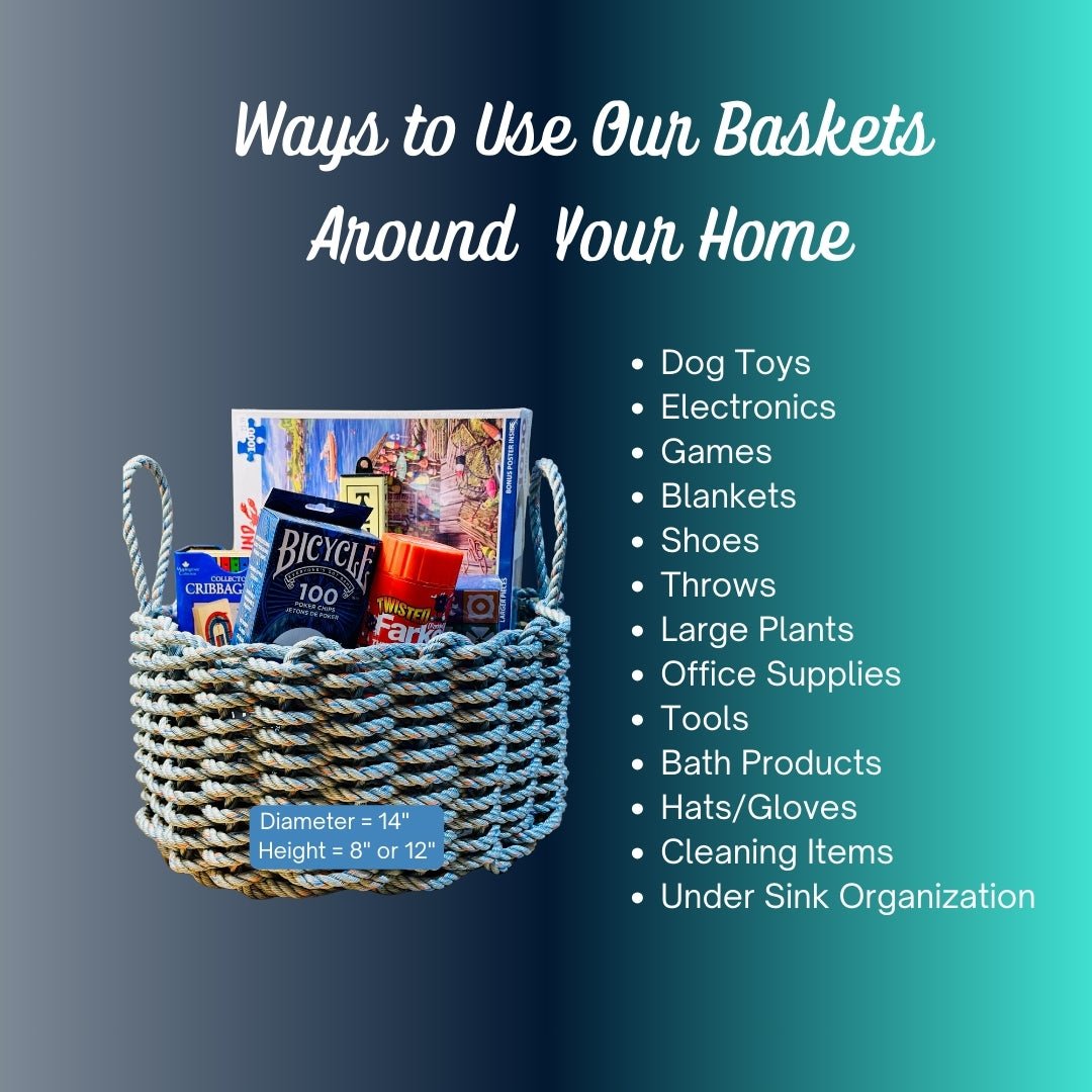 Blue & Tan Handwoven Lobster Rope Basket – Coastal Outdoor Storage Bin - Lollis Loops