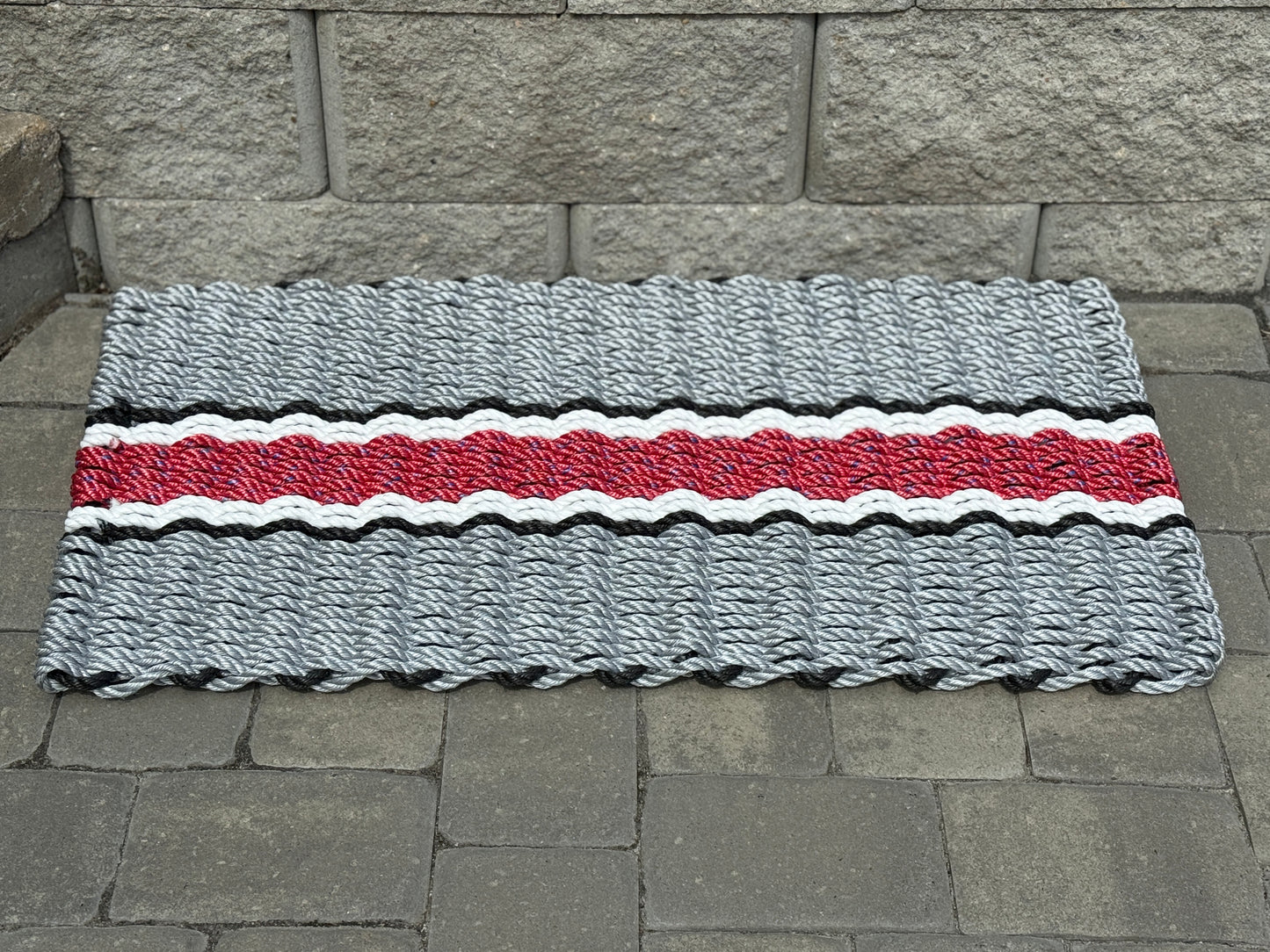 Football Game Day Handcrafted Lobster Rope Doormat - Gray Red White and Red