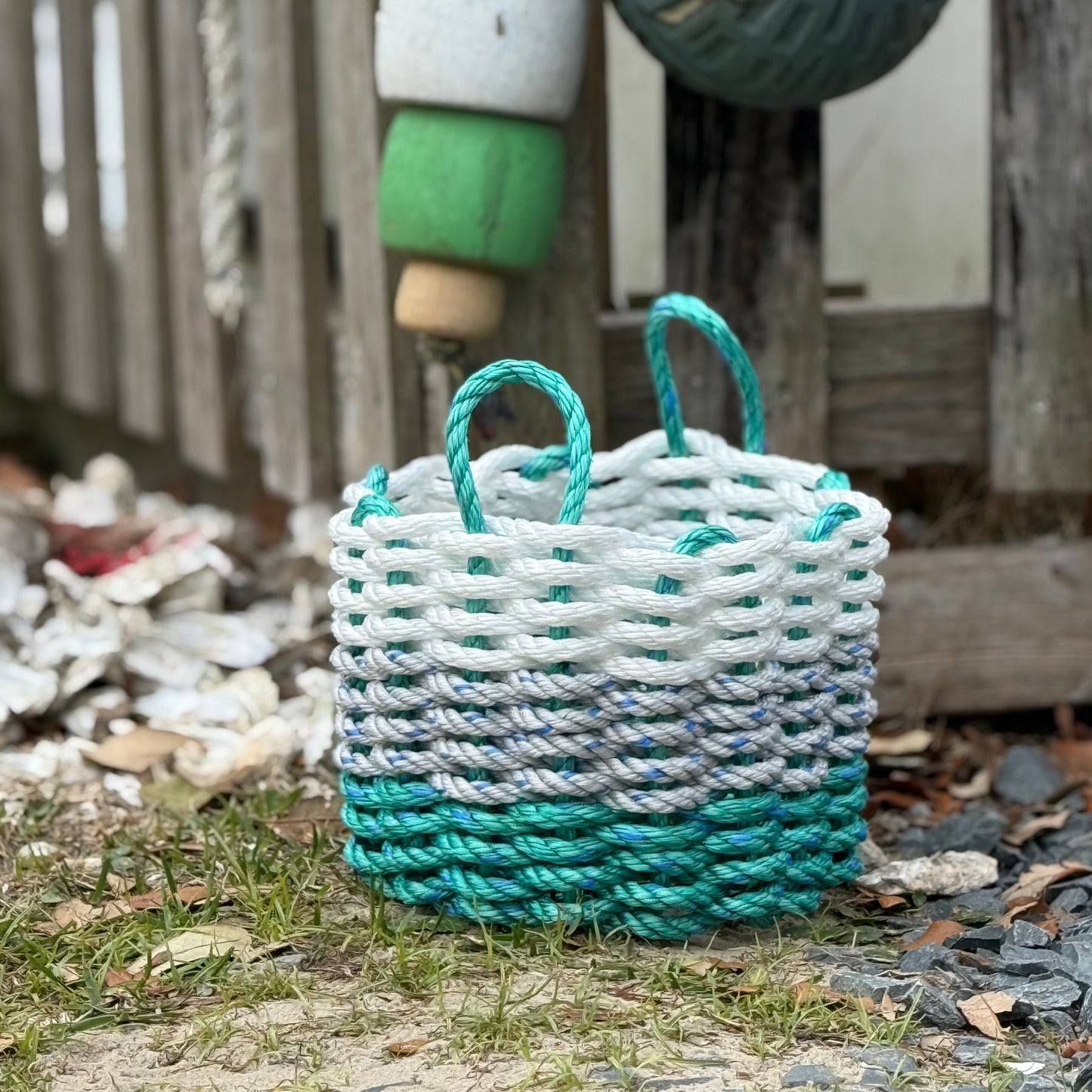 White, Gray & Green Lobster Rope Basket – Handwoven Coastal Storage Organizer