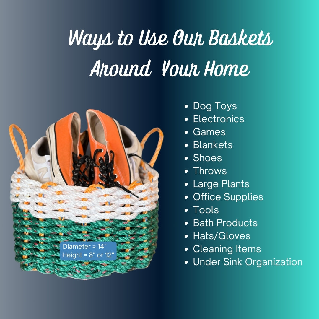 Green, Gray & Blue Lobster Rope Basket – Handwoven Coastal Storage Organizer