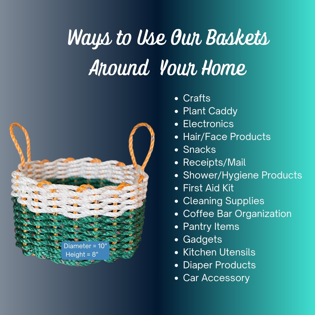Green, Gray & Blue Lobster Rope Basket – Handwoven Coastal Storage Organizer