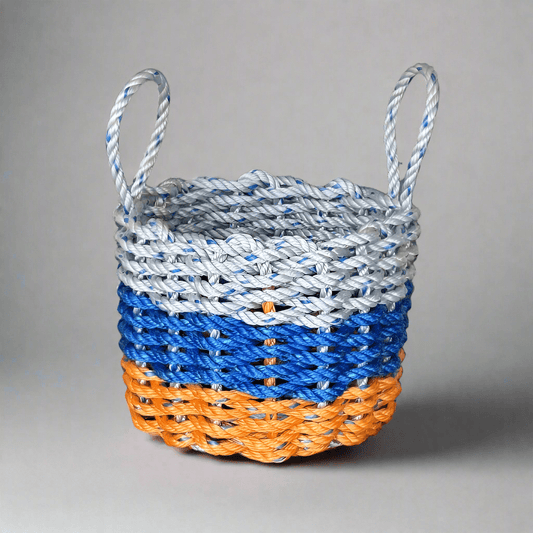 Orange, Blue & Gray Lobster Rope Basket – Handwoven Coastal Storage Organizer - Lollis Loops