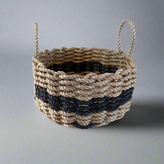 Farmhouse Lobster Rope Basket | Handwoven Tan & Black Storage – Modern Rustic Decor - Lollis Loops
