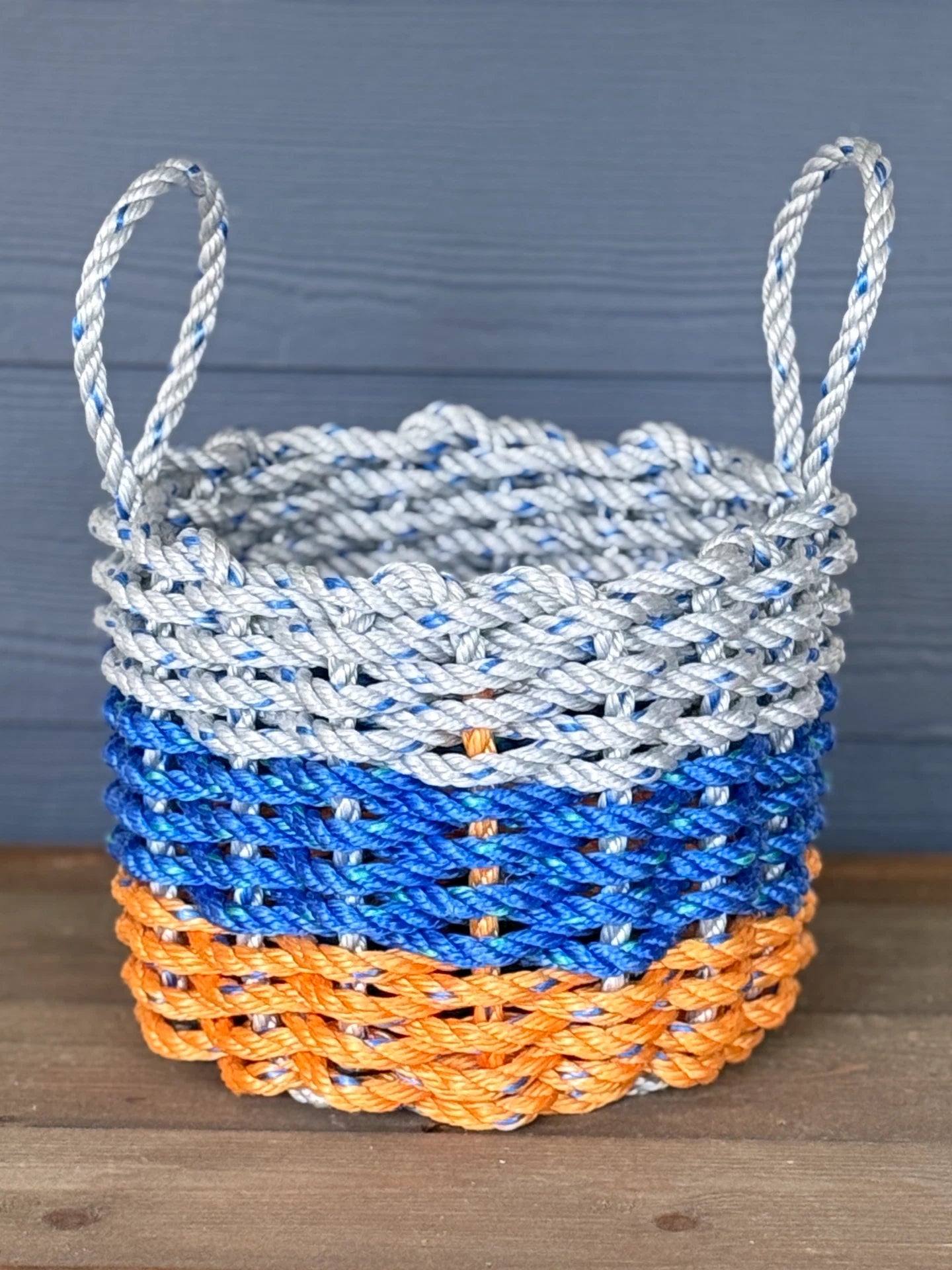 Orange, Blue & Gray Lobster Rope Basket – Handwoven Coastal Storage Organizer