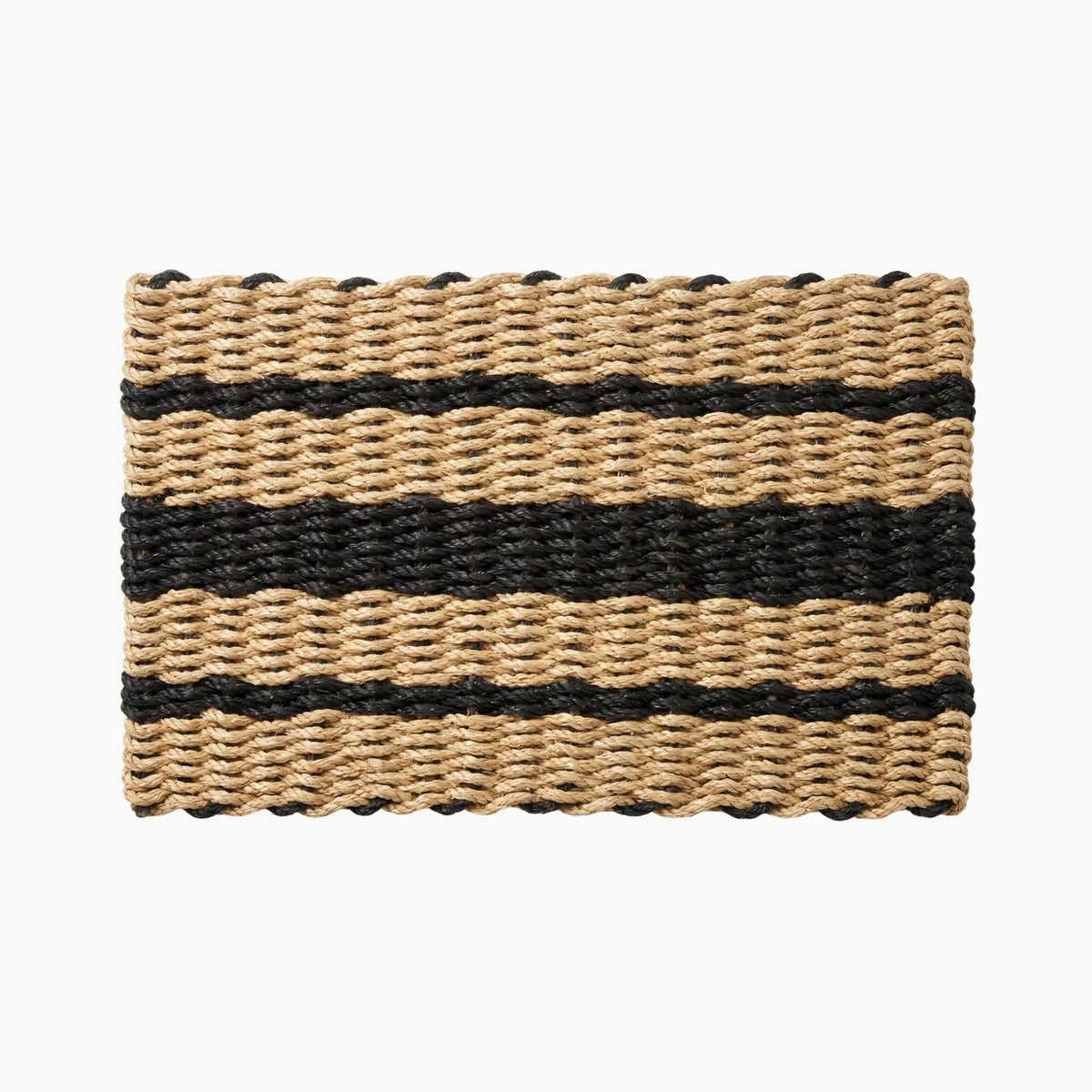 Tan and black lobster rope doormat with three black stripes on a white background.