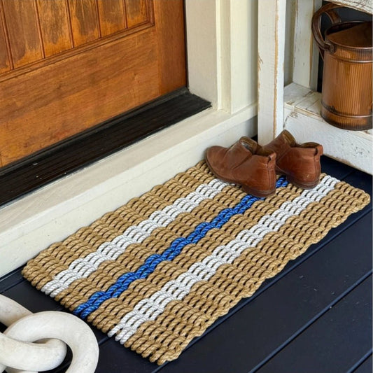 Classic Rope Doormat - Tan, White & Blue - Lollis Loops