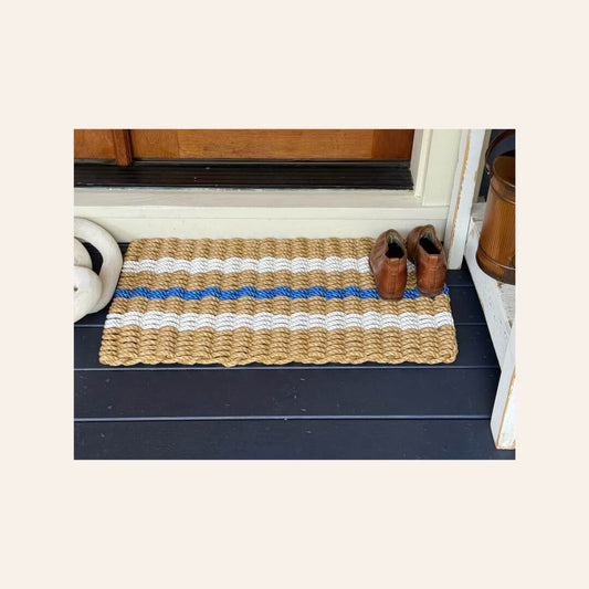 Classic Rope Doormat - Tan, White & Blue - Lollis Loops