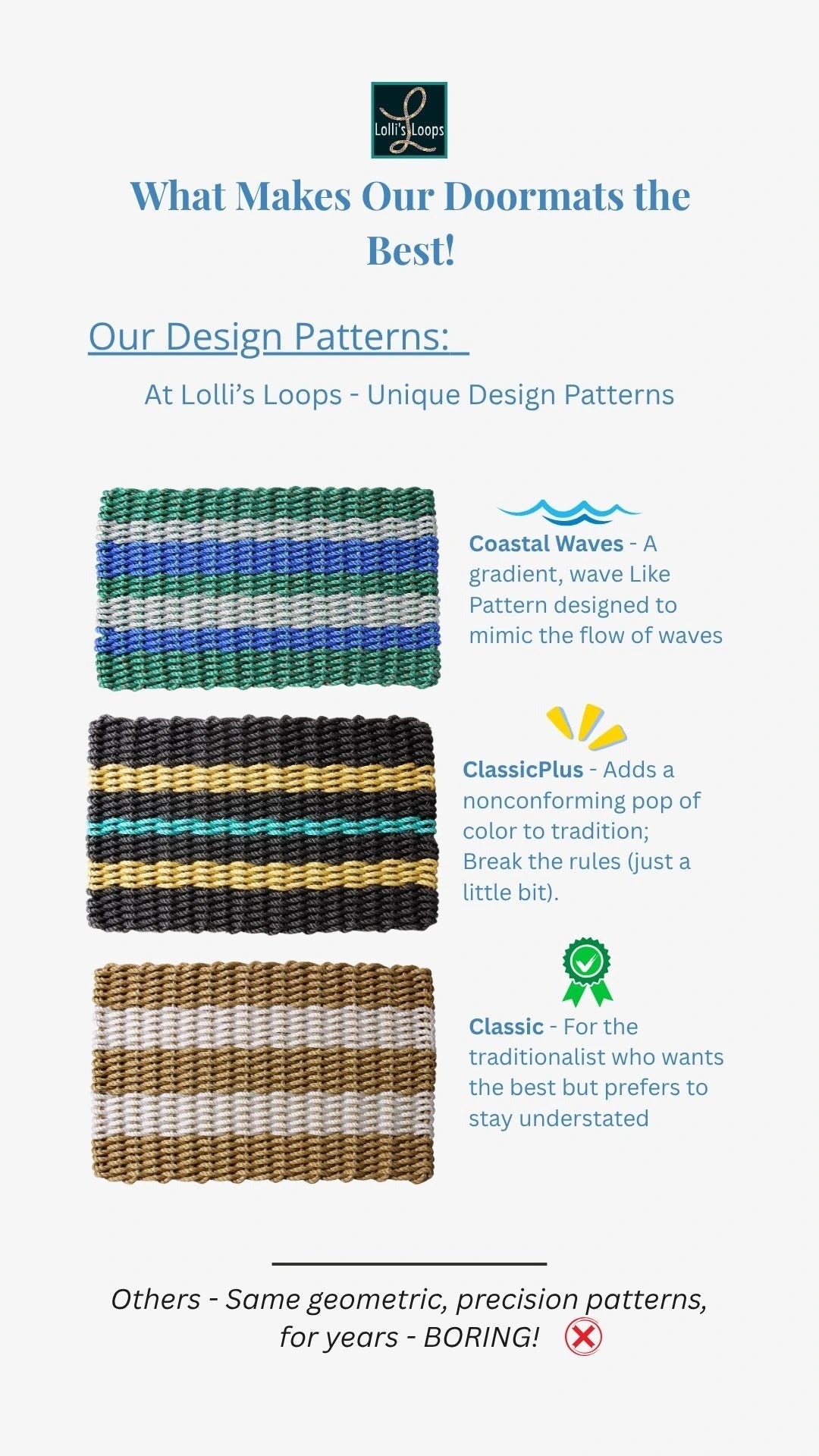 Loli's Loops doormats with design patterns and text on a white background