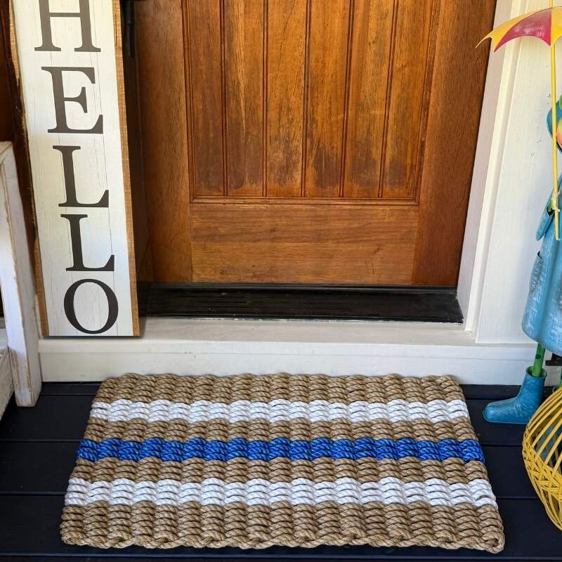 Lollis Loops Rope Doormat Tan White Blue Classic+ on Porch