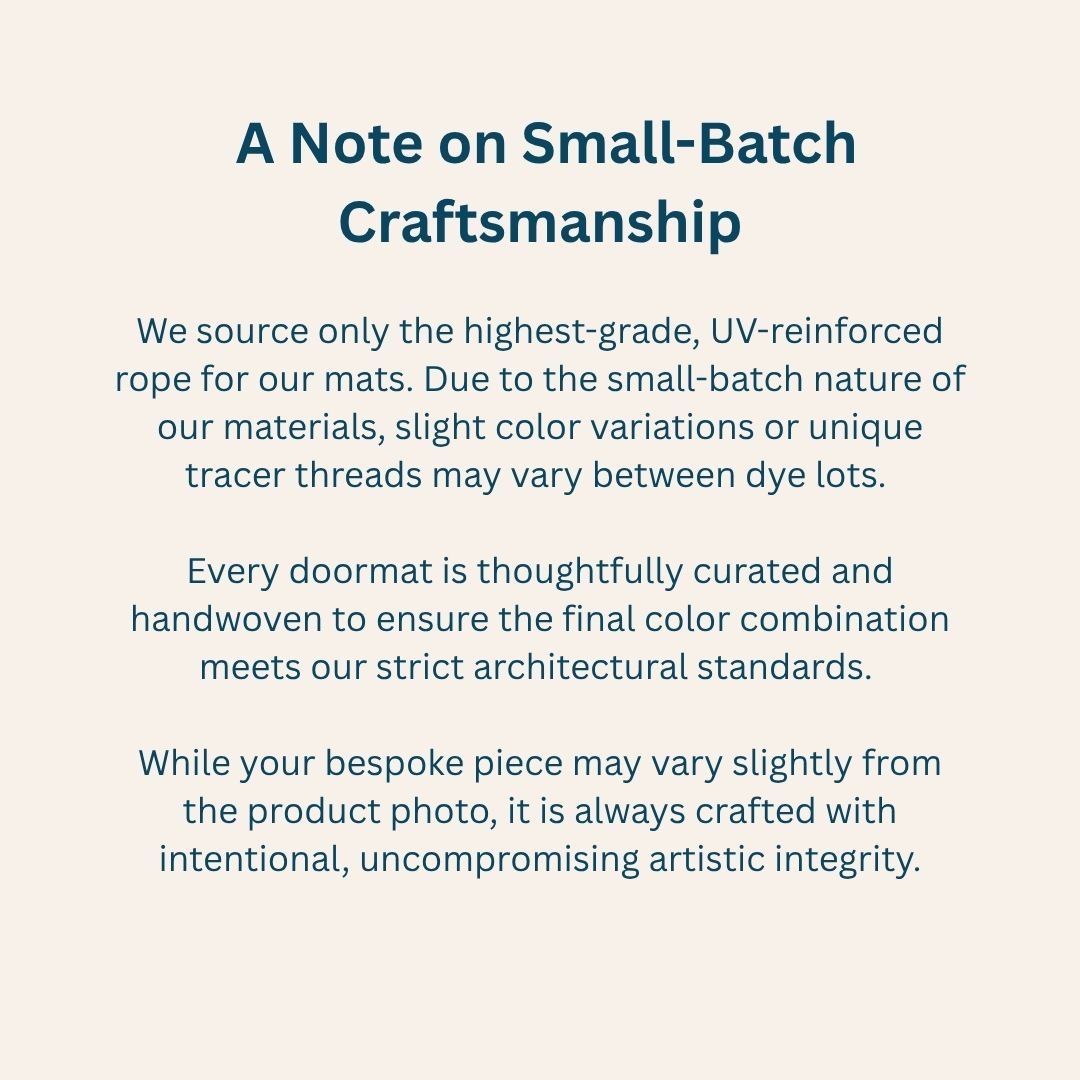 A text-based informational graphic on a light warm beige background with dark teal text reading, 'A Note on Small-Batch Craftsmanship' followed by three paragraphs about UV-reinforced rope material variations and handwoven color standards.