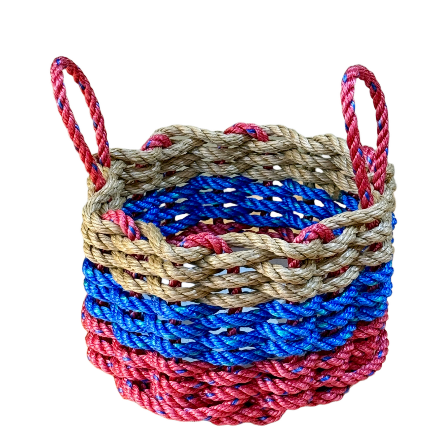 A handwoven lobster rope basket with red, blue, and tan colors, featuring two handles.