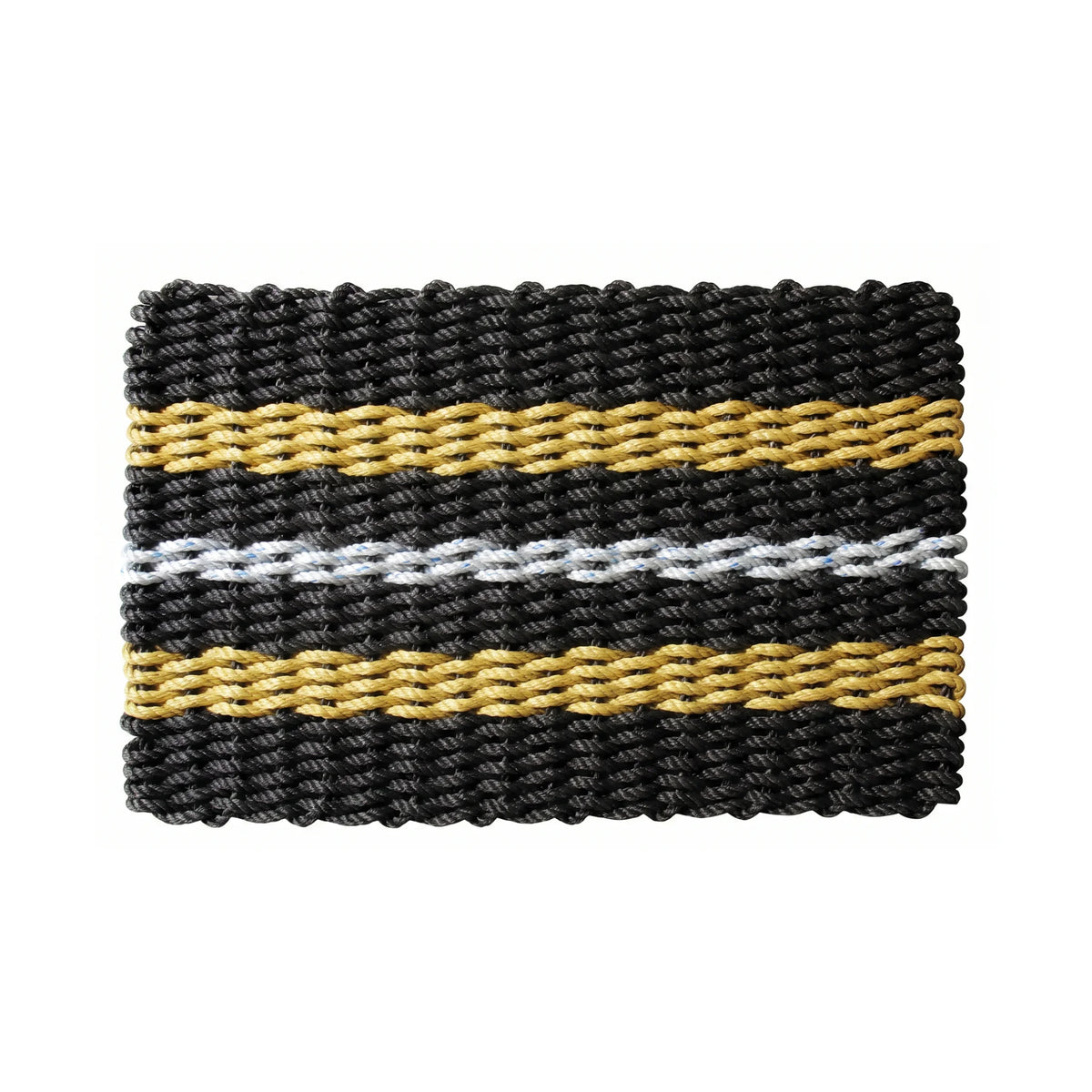 Black lobster rope doormat with two tan stripes and a narrow gray center stripe on a white background.