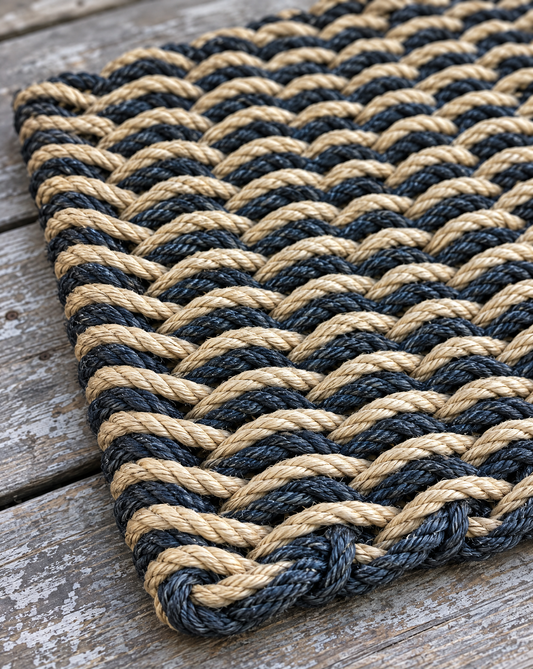 A close-up of a woven rope mat with alternating thick beige and dark charcoal gray braided stripes, shown on weathered gray wooden planks.