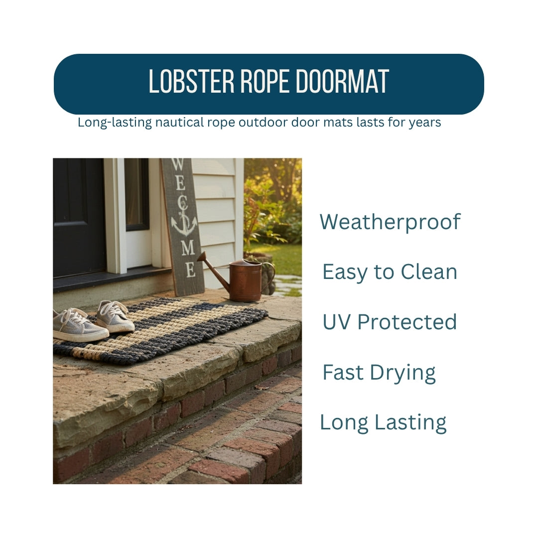 Lobster rope doormat on a stone step with text highlighting features that make it unique. It is fast weatherproof, UV Protected and made to last for years.