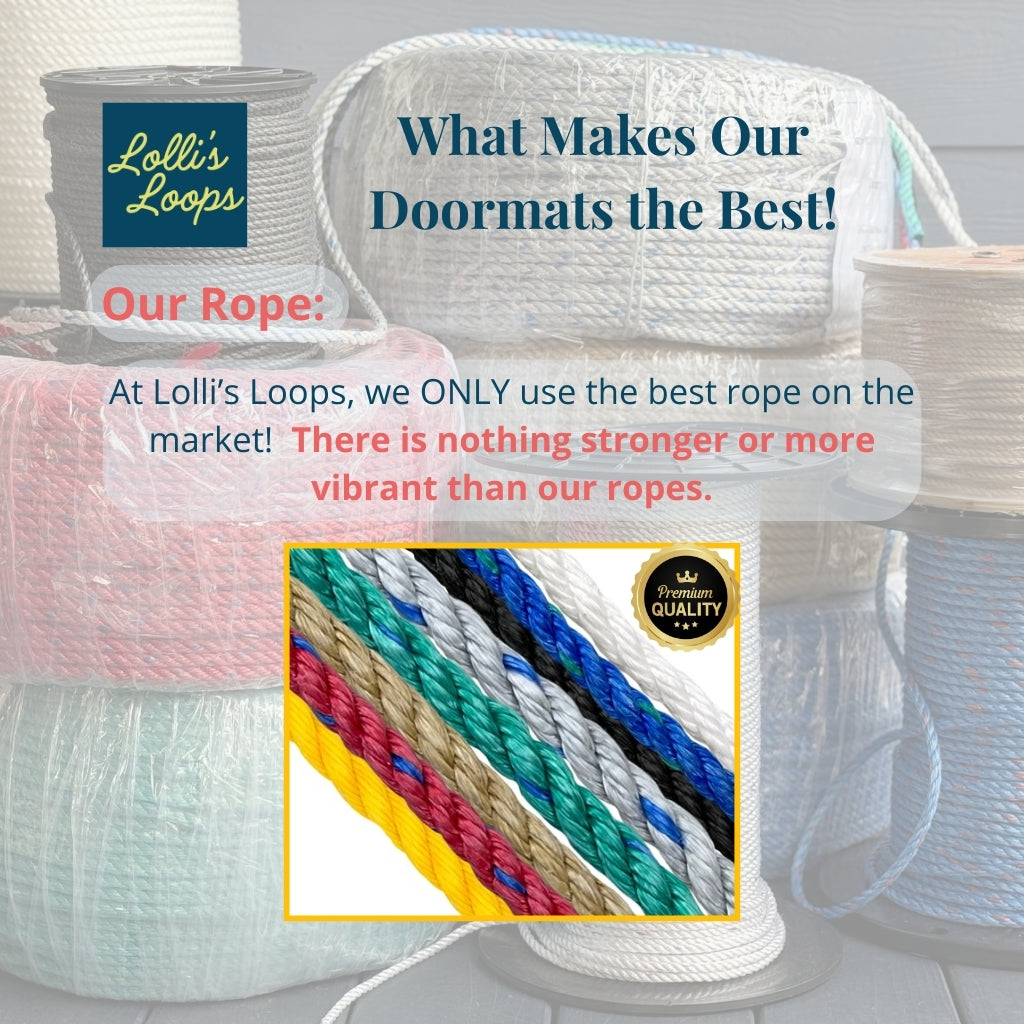Doormats with text highlighting Lollis Loops' use of high-quality rope.