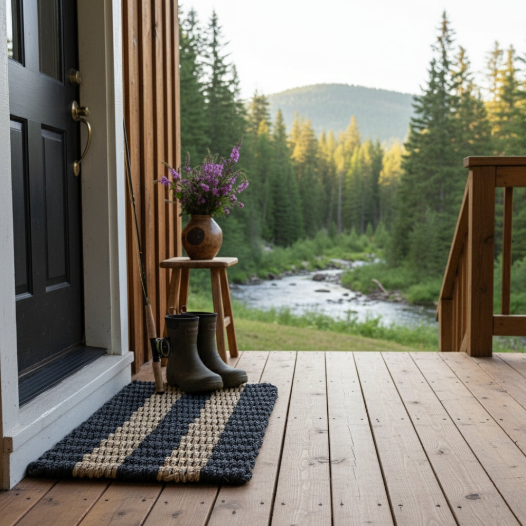 Rope doormat on a wooden deck with a view of a NC Mountain and a river stream. The doormat is waterproof and easy to clean.