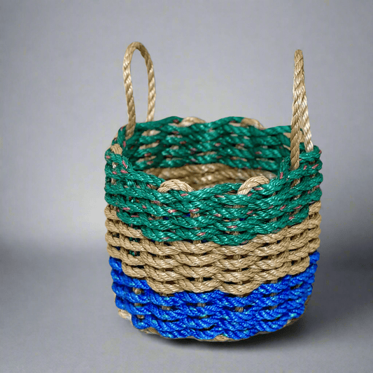 Green, Tan & Blue Lobster Rope Basket – Handwoven Coastal Storage Organizer - Lollis Loops