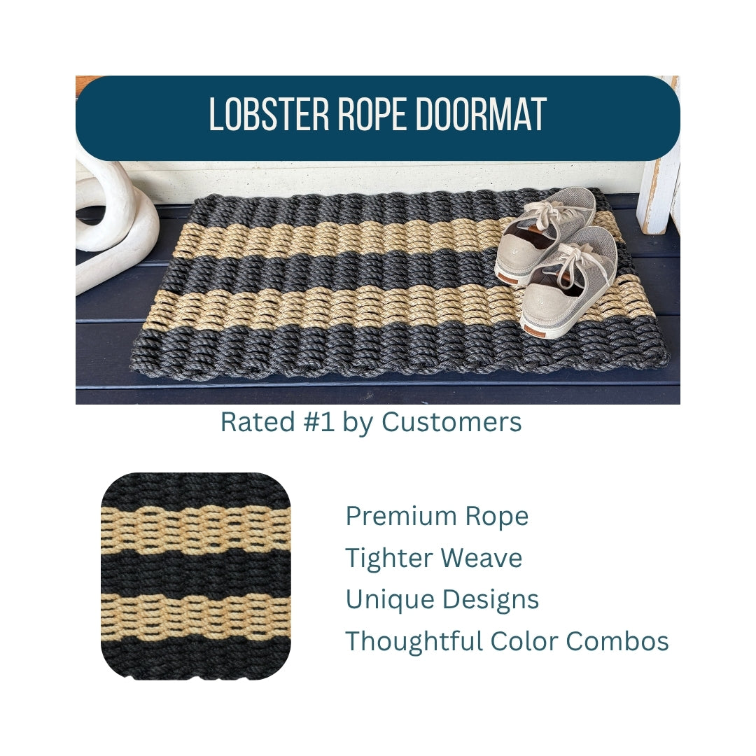 Lobster rope doormat with black and beige stripes on a white background
