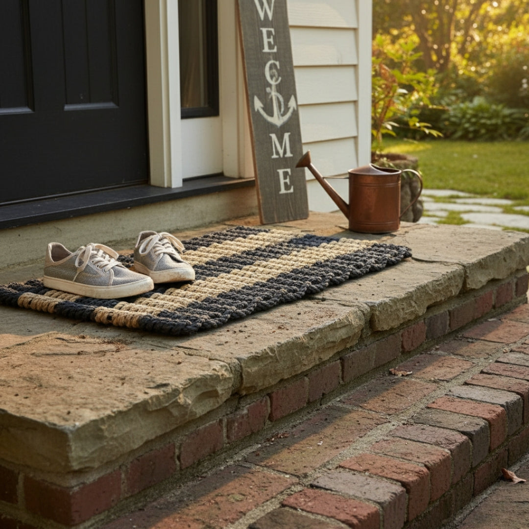 Durable, eco-friendly doormat with shoes on a farmhouse cottage stone porch in front of a house with a 'Welcome' sign.