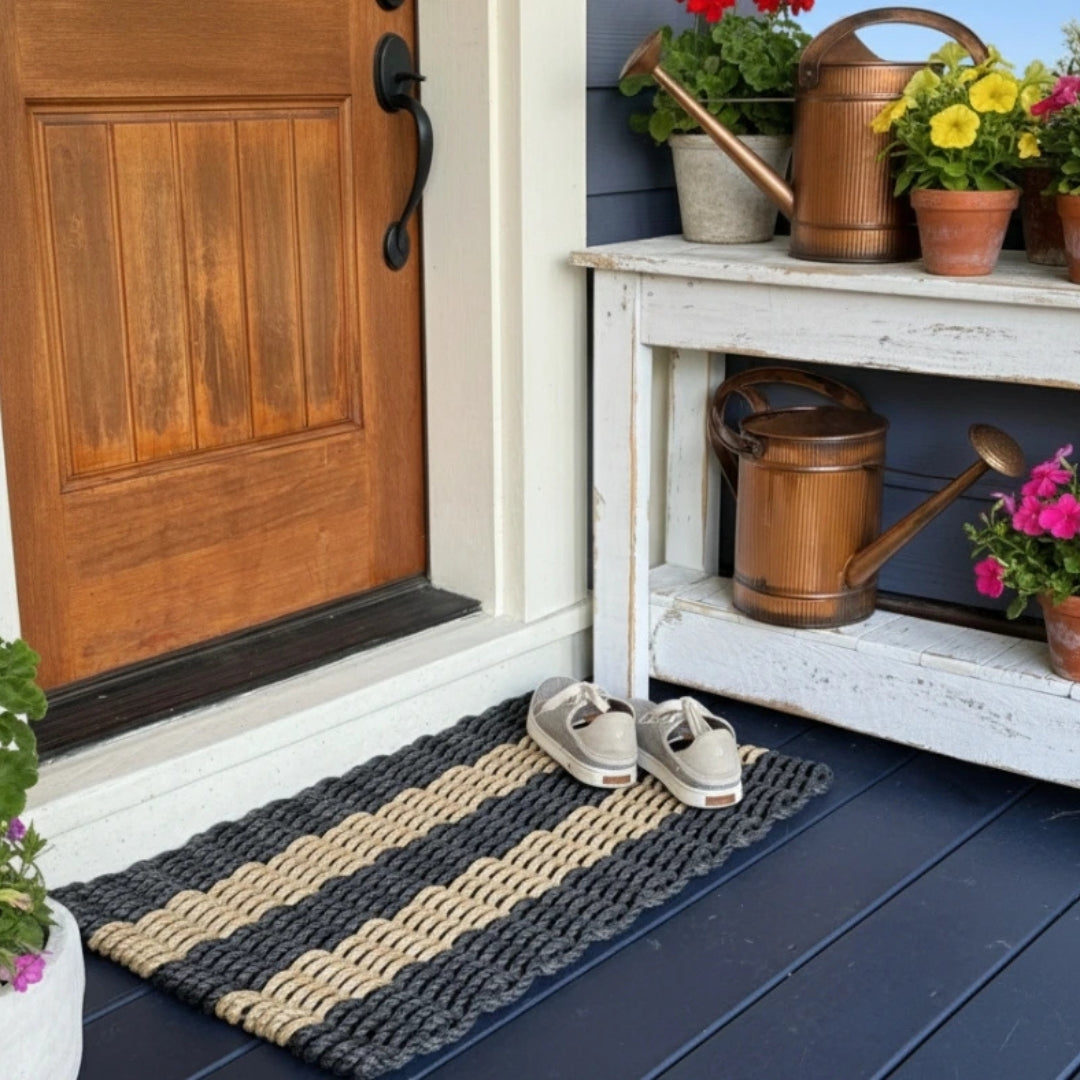 Coastal farmhouse front porch with wooden door, shoes on a lobster rope outdoor mat, and a small table with plants and watering cans.