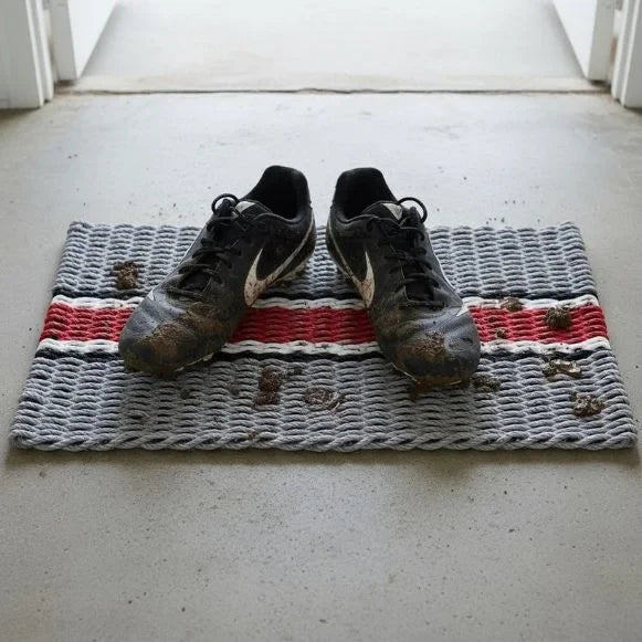 Limited Edition Sun and Salt Edit rope doormat in football festive seasonal colors, perfect for Southern porch decor and game day hosting
