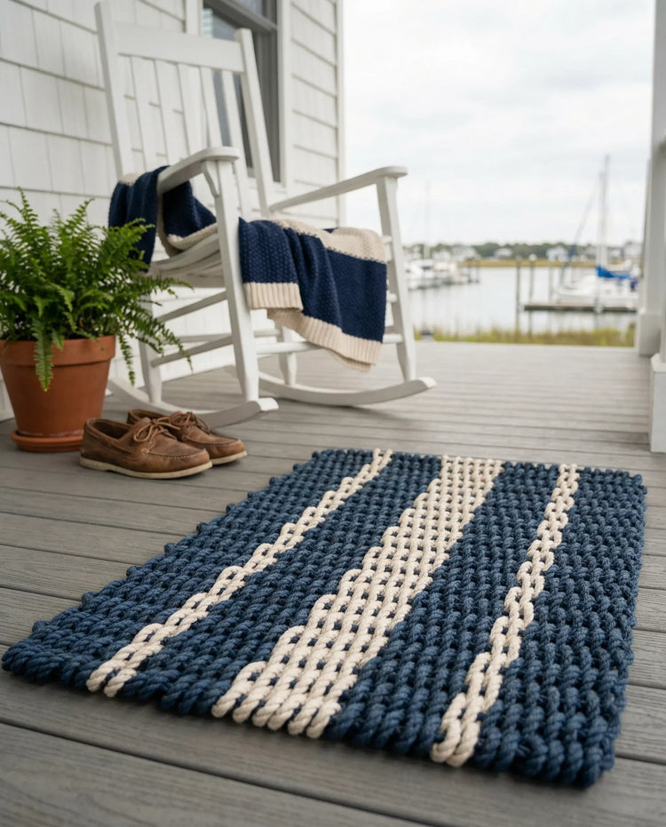  Handwoven navy and sand Captain's Stripe lobster rope doormat on a coastal porch overlooking the Southport, NC harbor