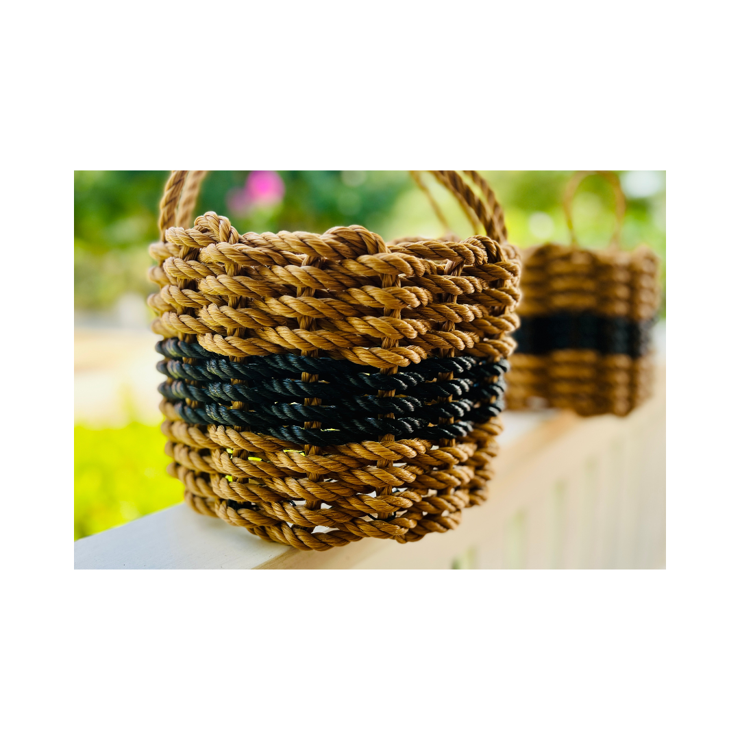 Lolli’s Loops Handwoven Lobster Rope Basket (Tan/Black)-Coastal Chic with a Twist