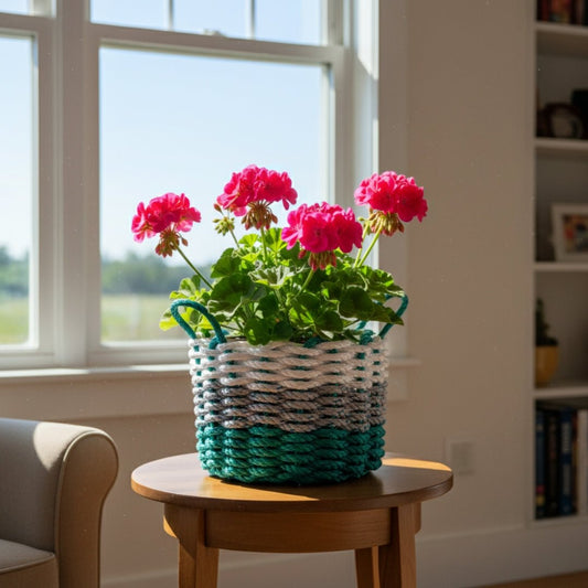 White, Gray & Green Lobster Rope Basket – Handwoven Coastal Storage Organizer - Lollis Loops