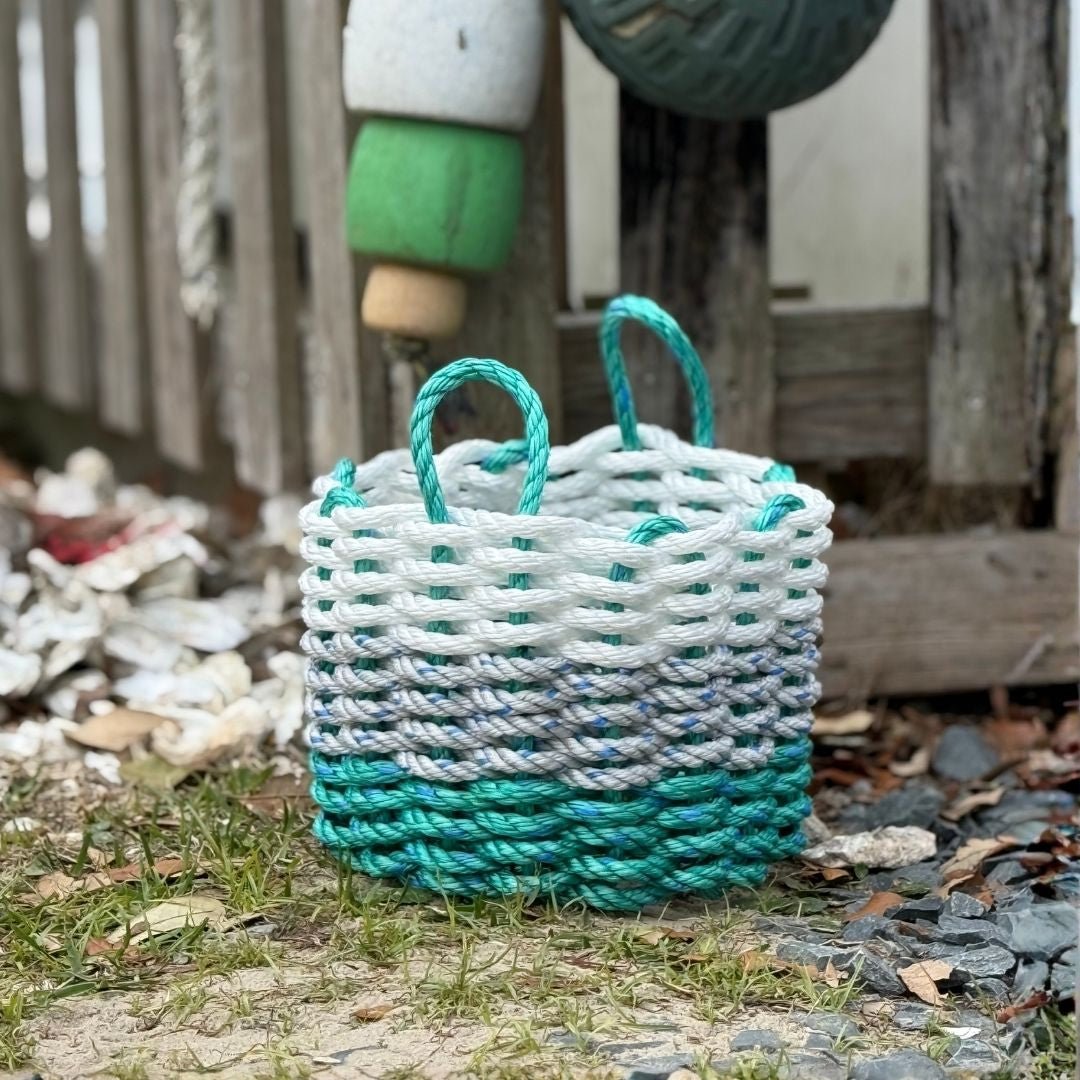 White, Gray & Green Lobster Rope Basket – Handwoven Coastal Storage Organizer - Lollis Loops