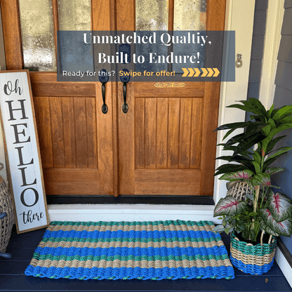 Lolli's Deep Harbor Drift-A Coastal Wave Green, Blue & Tan Lobster Rope Doormat | Unmatched Durability & Coastal Style