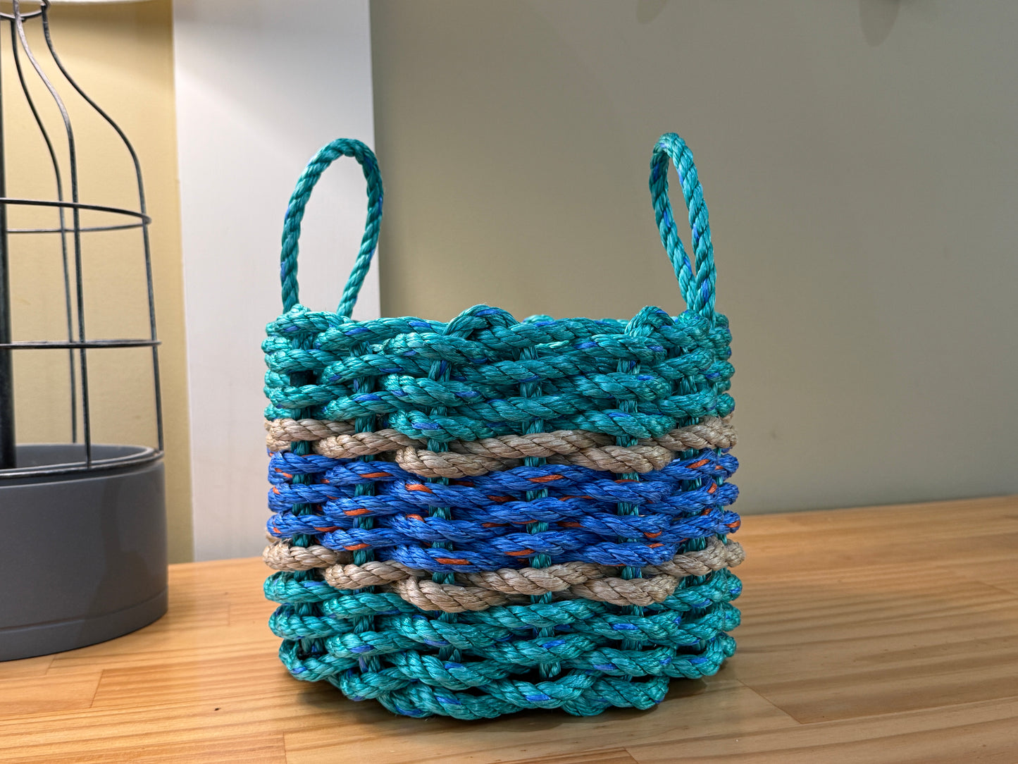 Lolli’s Loops Handwoven Lobster Rope Basket (Green/Blue/Tan) – Coastal Chic with a Twist