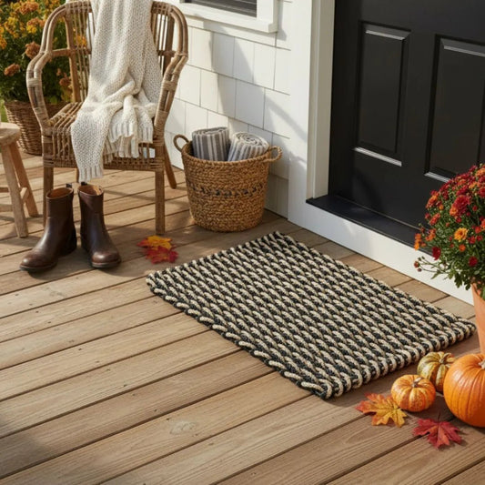 Black and tan double weave lobster rope doormat outside a black door beside pumpkins, boots and a basket of blankets.