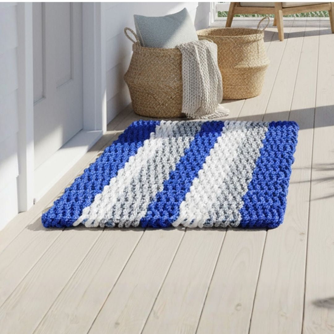 Coastal Wave Doormat - Blue, Gray and White - Lollis Loops