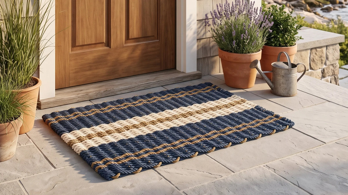 Blue, tan and sand striped lobster rope doormat on a stone porch in front of a wooden door, beside potted plants and a metal watering can.