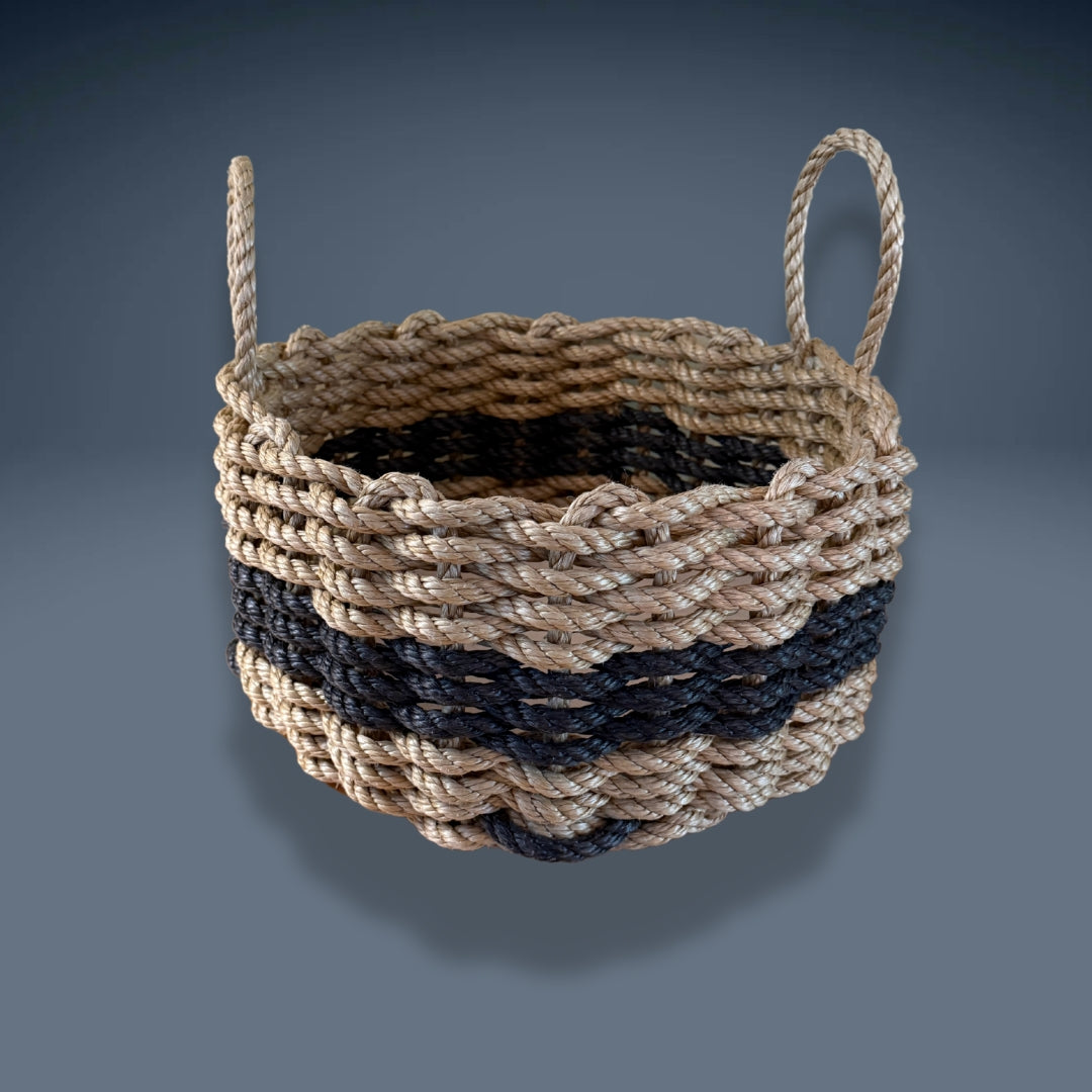 Lolli’s Loops Handwoven Lobster Rope Basket (Tan/Black)-Coastal Chic with a Twist