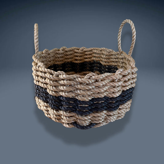 Lolli’s Loops Handwoven Lobster Rope Basket (Tan/Black)-Coastal Chic with a Twist