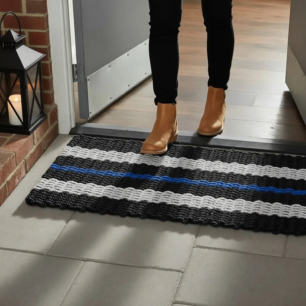 Classic Rope Doormat - Black, Sand and Blue - Lollis Loops