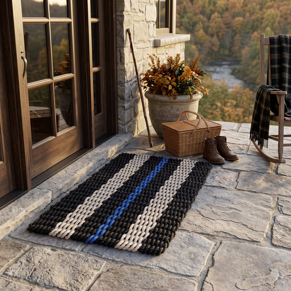 Black, Sand & Blue Signature Stripe Lobster Rope Doormat - Lolli's Loops
